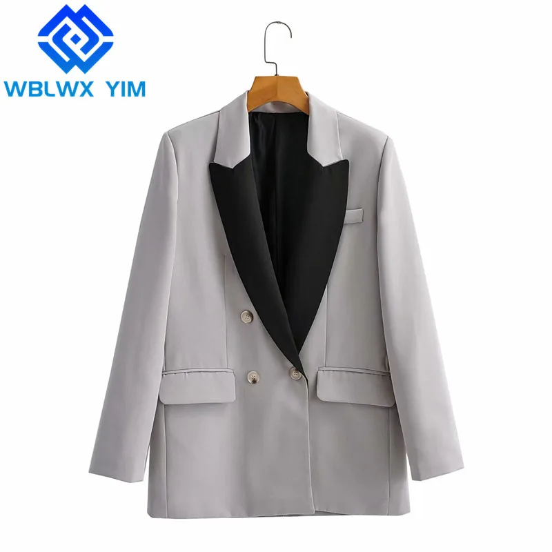 

High Quality Blazer Jackets Women Double Breasted Fashion Patchwork Suit Jacket Ladies Loose Casual Office Chic Blazers Coat