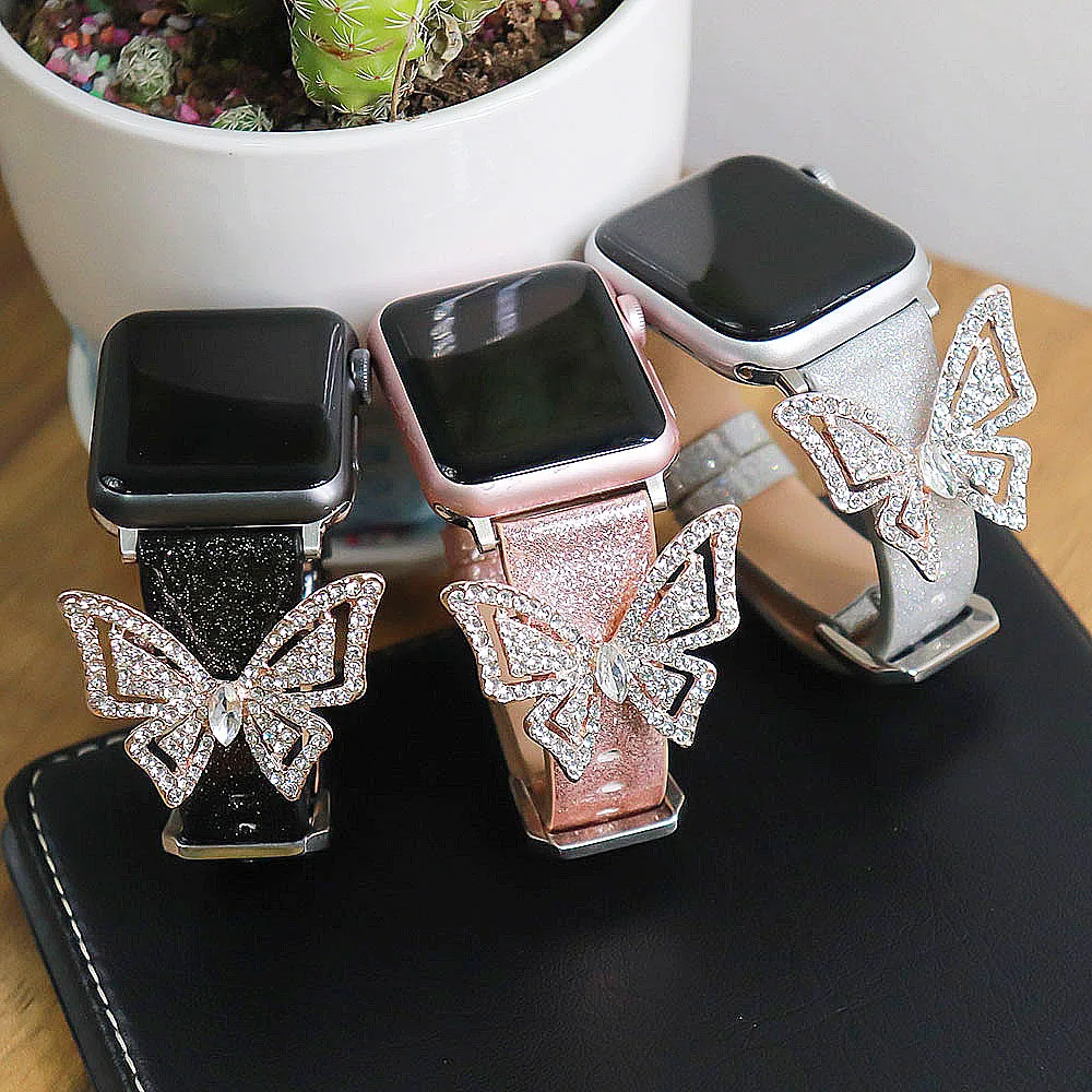 Блестящий кожаный ремешок с бабочкой для Apple Watch Band Series 1 2 3 4 5 6 SE браслет со