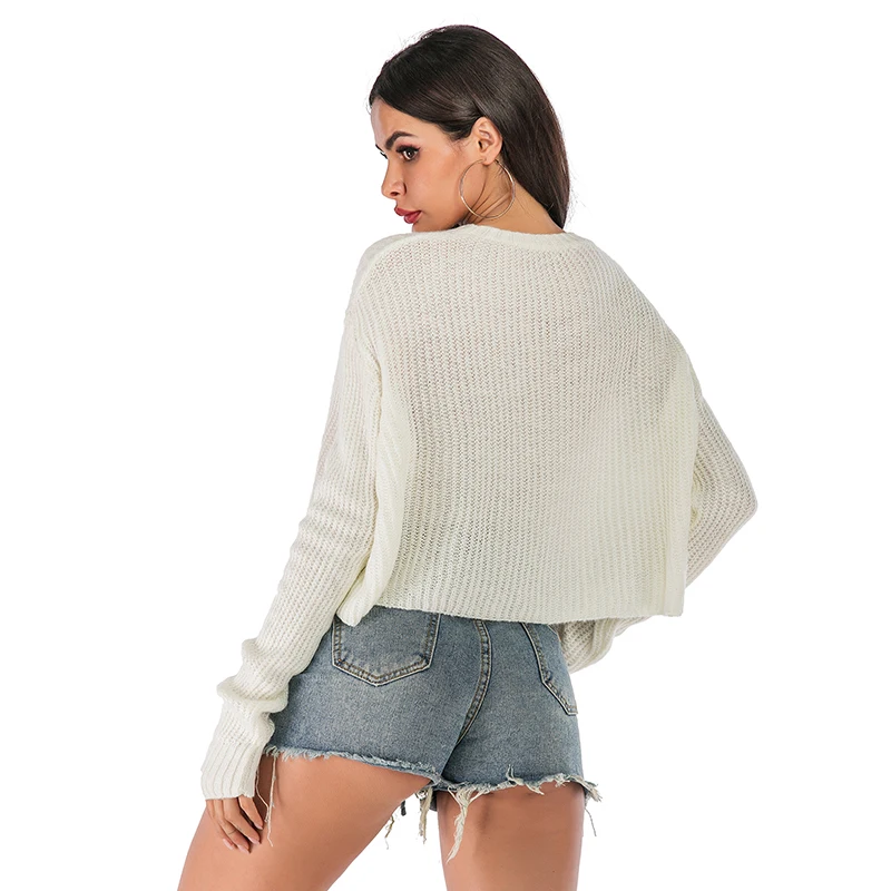 

SKTSUUC Simple Casual White Sweater Women 2019 Pullovers O Neck Long Sleeve Short Knitted Sweater For Women Autumn