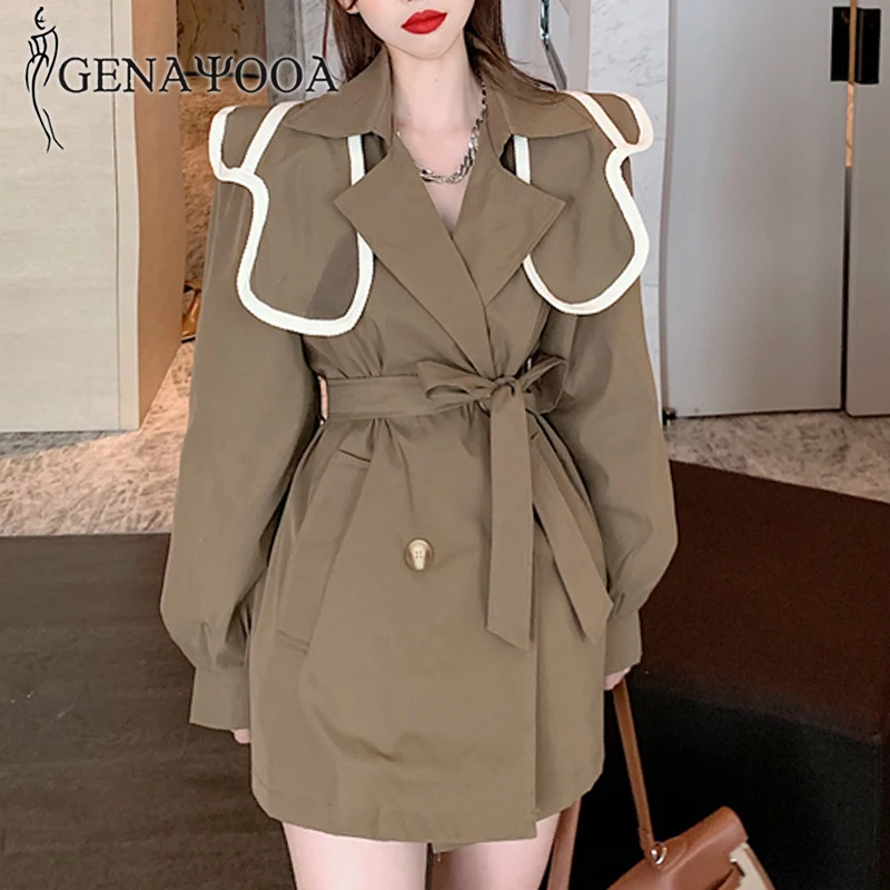 

Genayooa Office Ladies Trench Coat For Women 2020 Long Sleeve Windbreaker Jacket Vintage Windproof Women Overcoat With Shawl