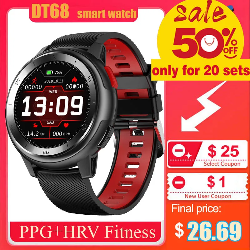 DT68 Смарт часы браслет PPG + HRV монитор сердца спортивные фитнес трекер IP68