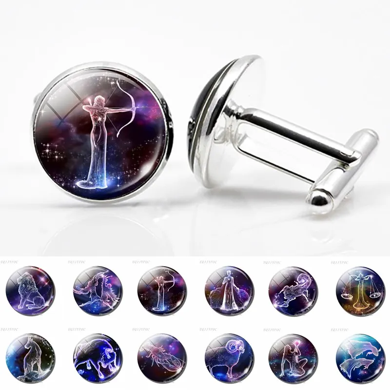 

12 Constellations Cufflinks 12 Zodiac Signs Glass Cabochon Alloy Cuff Links for Men Shirt Accessories for Boyfriend Gifts
