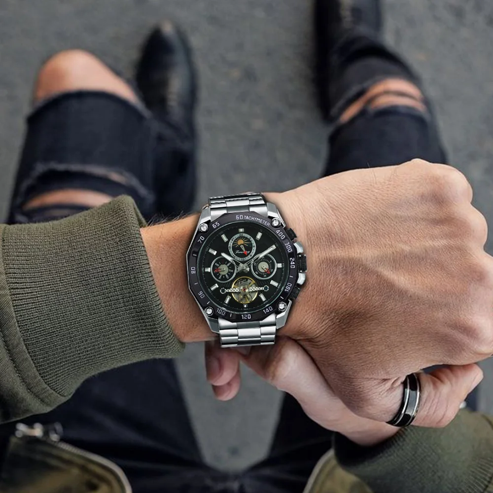 FORSINING механические часы Роскошные automatic Tourbillon Нержавеющая сталь ремешок Скелет для мужчин Солнце Луна фазы