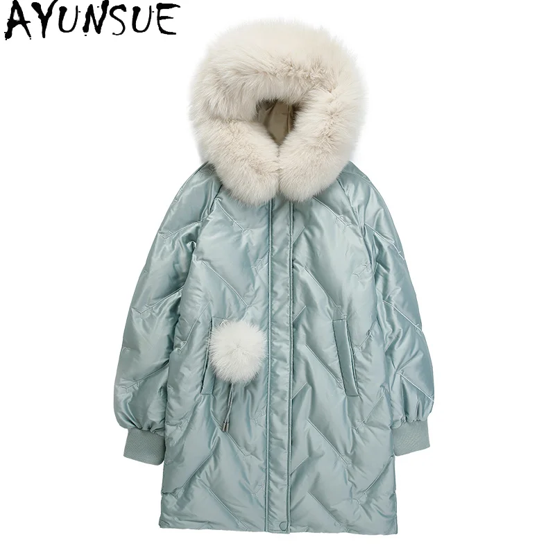 

AYUNSUE Women's Down Jacket Hooded Woman Coat Female 90% White Duck Down Jackets Winter Parka Big Fur Collar Mujeres Abrigos 332