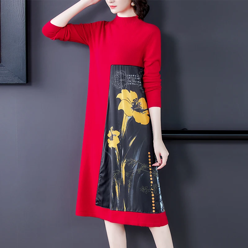 Осенне-зимнее длинное красное платье в европейском и американском стиле