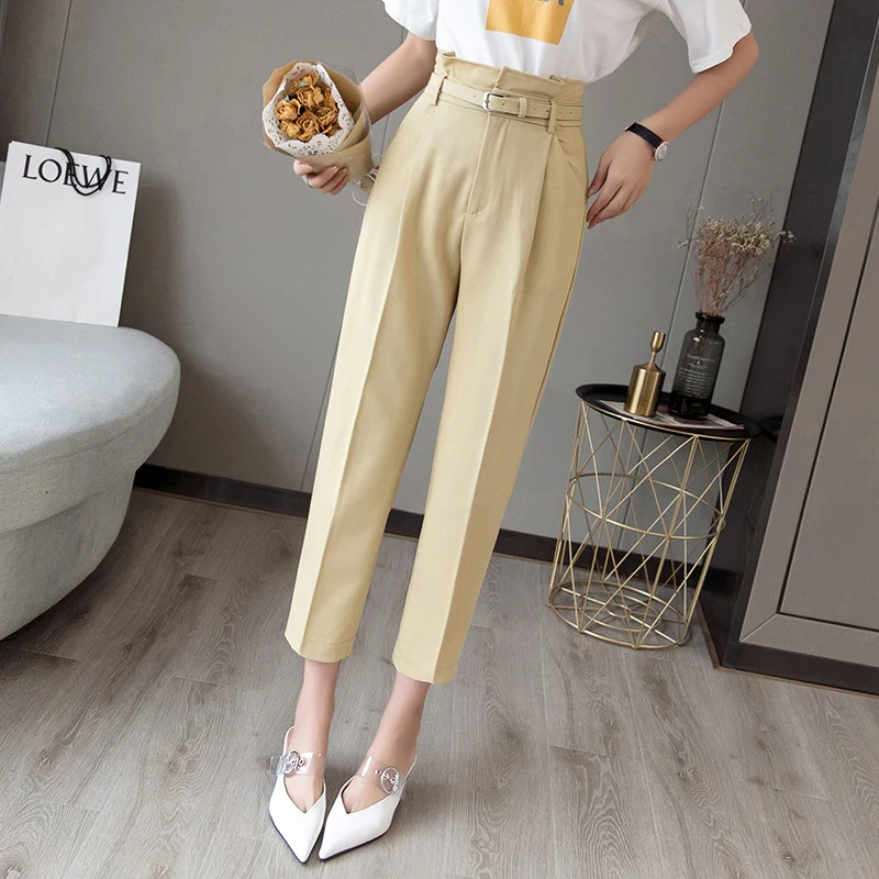 Yellow REALEFT OL стильные белые женские брюки повседневные узкие брюки с пояс с высокой талией Элегантные рабочие брюки женские повседневные новое поступление - Цвет: Yellow