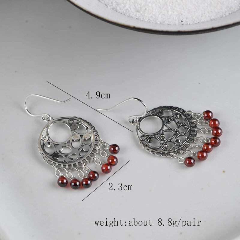 

GAGAFEEL Vintage Ethnic Red Bead Tassel Earring for Women 925 Sterling Silver Zircon Dangle Earrings Round Beads Drop Earrings