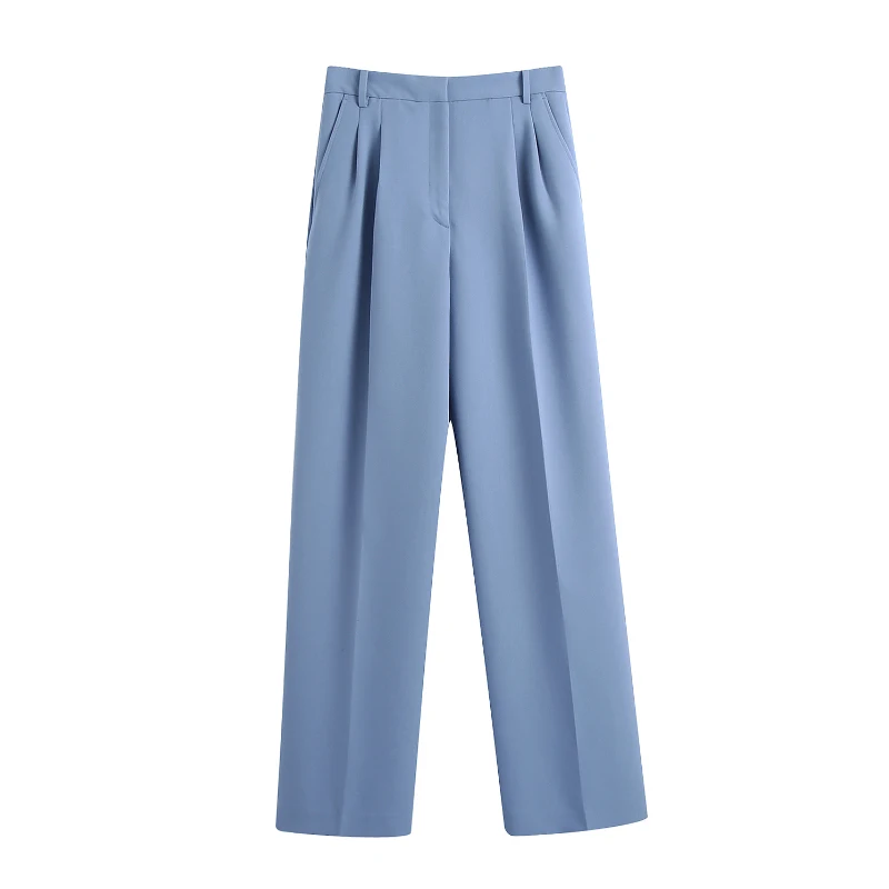 

Элегантные Синие Длинные брюки Aachoae, Женская плиссированная офисная одежда, женские брюки на молнии, винтажные прямые брюки