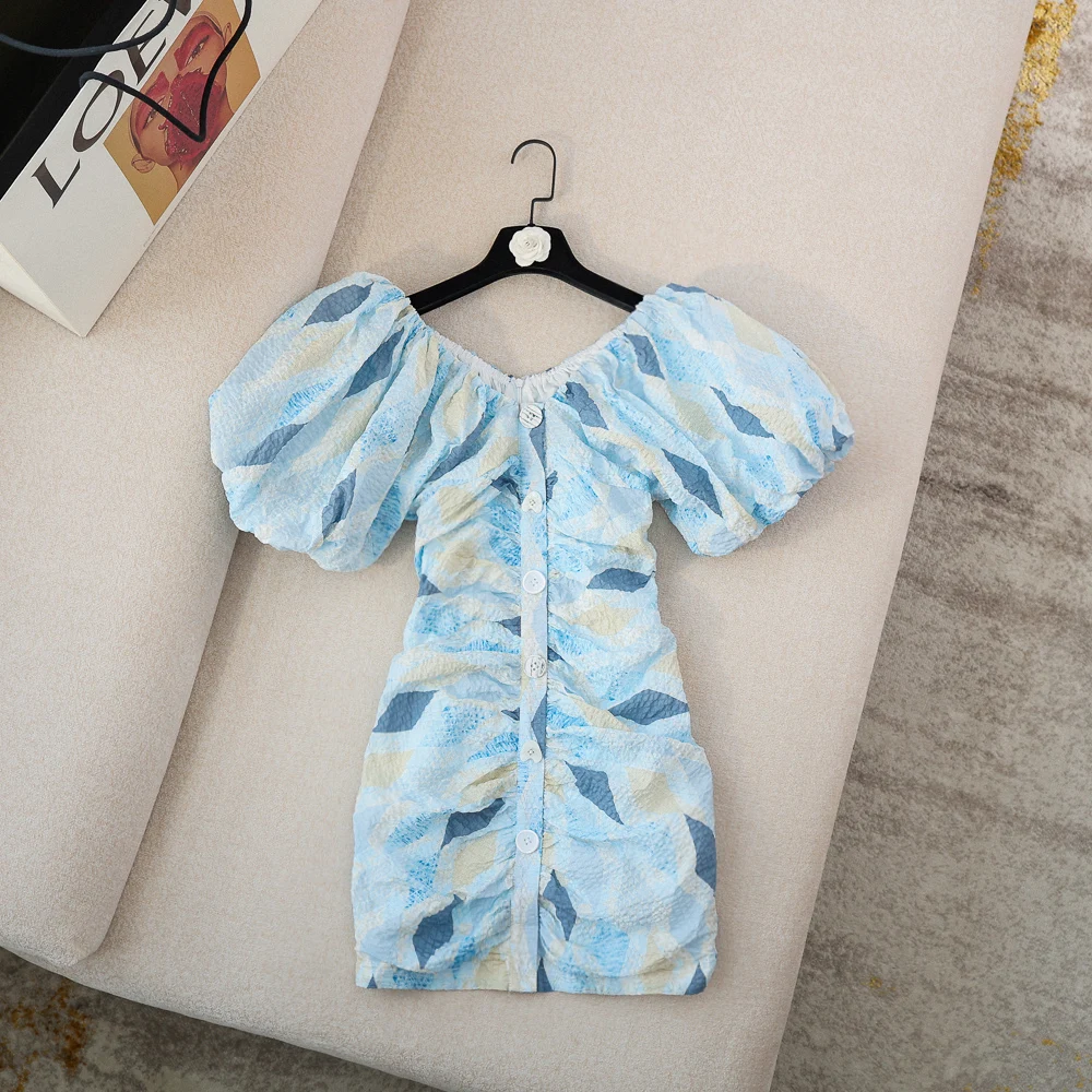 

2021 Summer New Fashion V-neck Puff Short Sleeve Mini Dress Women High Waist Slim Fit Sexy Hip Bodycon Dress Mesh Bandage Dress