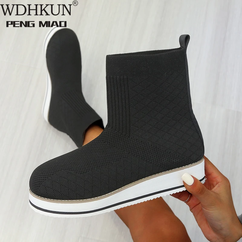 

2021 New Winter High Heels Platform Fashion Boots Ankle Knitting Warm Snow Designer Sexy Gladiator Motorcycle Socks Botas Mujer