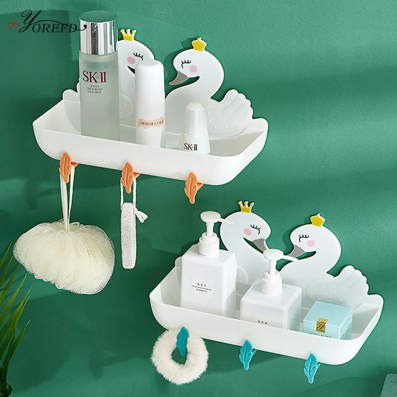 

OYOREFD Cute Cartoon Swan Bathroom Shelves Wall Mounted Shower Shelves Organizer Home Multi-function Shower Accessories Storage
