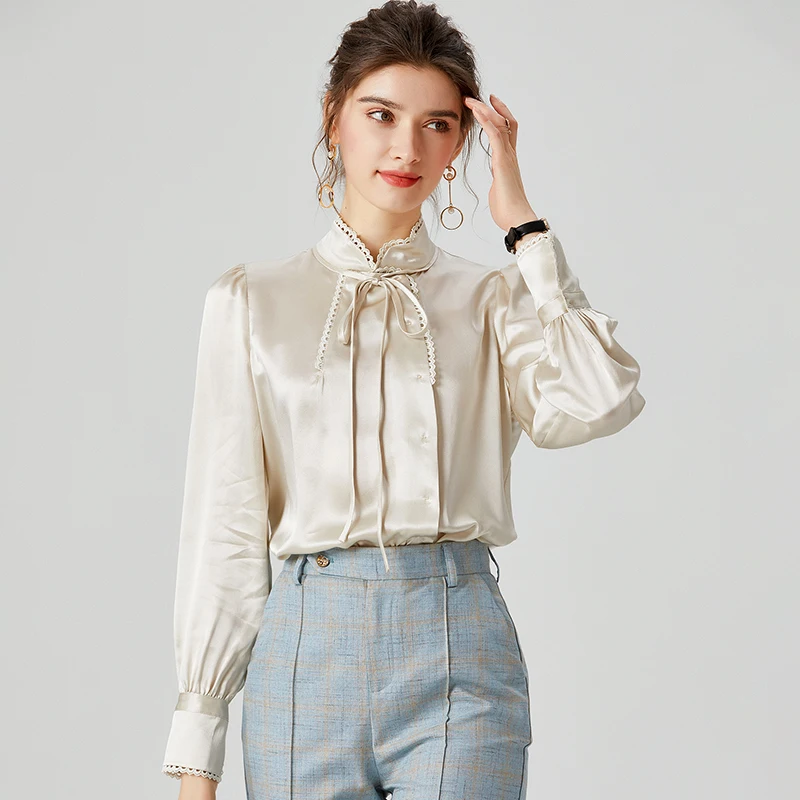 100% тяжелый Шелковый Атлас женская рубашка высокого качества шелковая вышивка