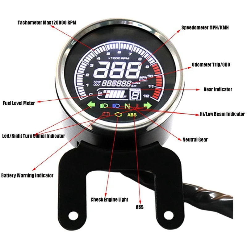 

Motorcycle Led Digital Instruments Multi-Functional Gauges Odometer Tachometer Fuel Level Speed Meter Indicator