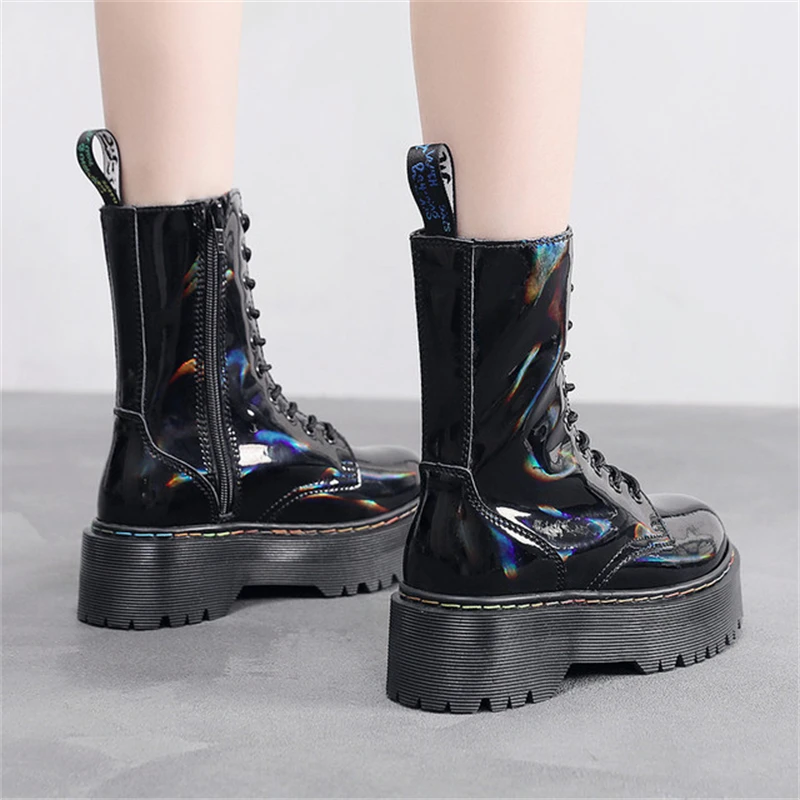 

Rainbow Gloss 10-hole Martin Boots Female Side Zipper Laser Craft Short Boots Thick-soled Non-slip Wear-resistant Women's Boots
