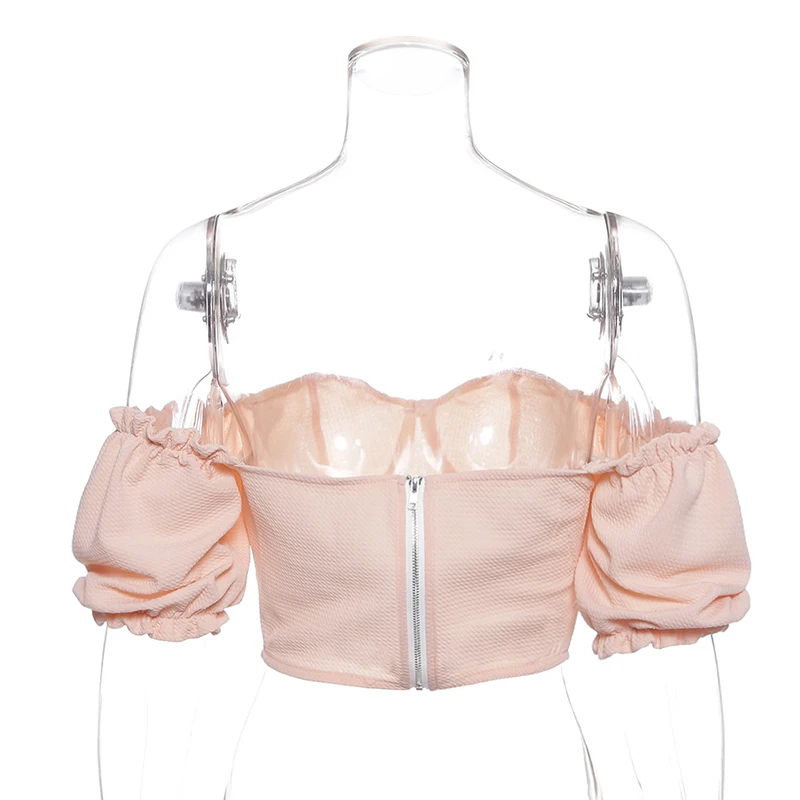 

Off The Shoulder Puff Sleeve Women T-shirt Sweet Ruffle Slim Female Solid Crop Top Summer Ladies Casual Pink T-shirts Tide New