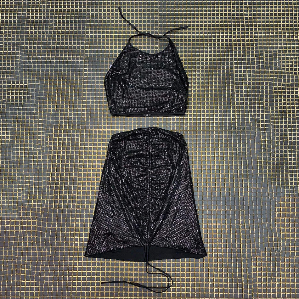 

Ailigou Summer 2021 New High-Quality Women's Two-Piece Sexy Sleeveless Backless Sequin Top and Skirt Celebrity Party Set
