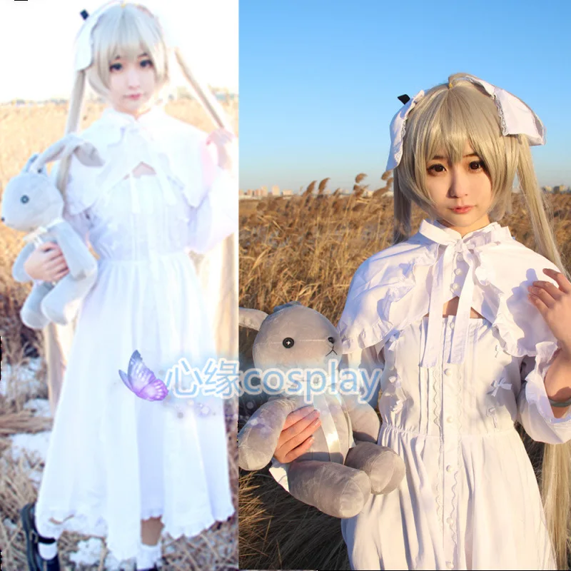 

Anime In solitude Yosuga no Sora Kasugano Sora Lolita White Cosplay Dress Lady Halloween Costume Cotton Sweet Party Dress Wig