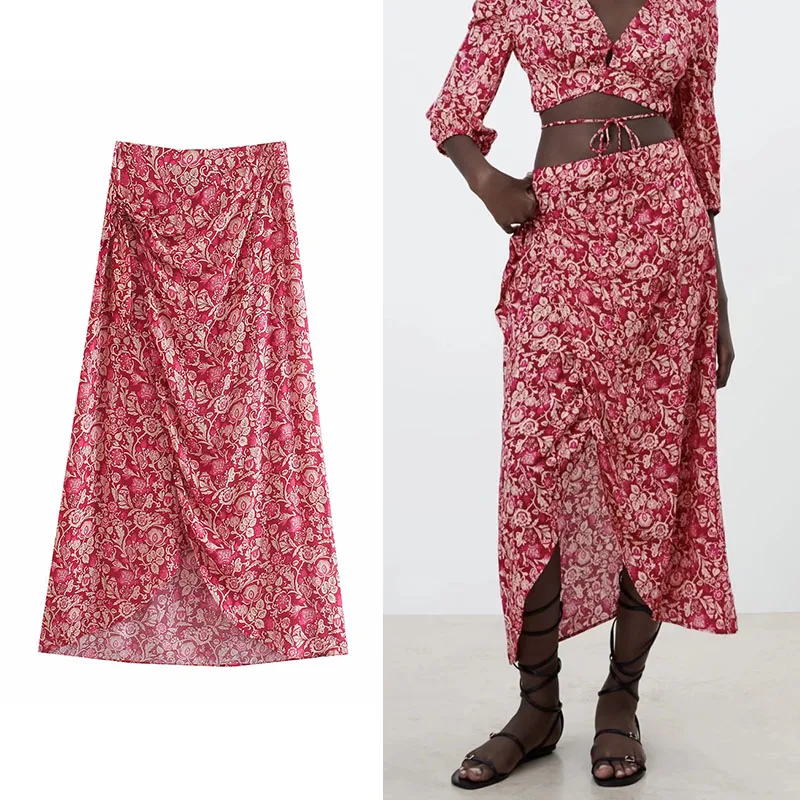

ZA Women Skirt Summer 2021 New Elegant Office Skirts Womens Blended Asymmetry Split Fork Floral Printed A-line High Waist Outfit