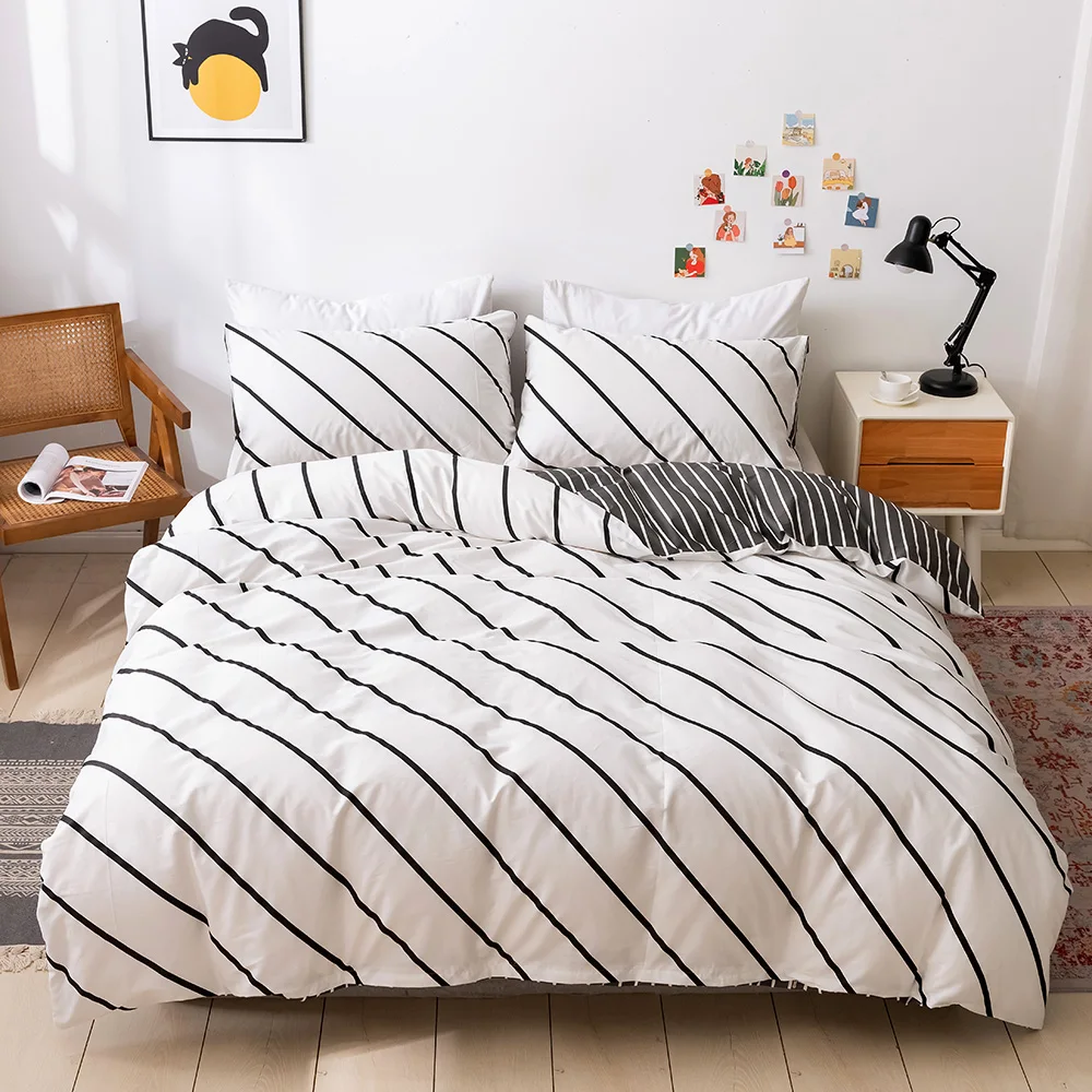 

Soft Cotton Home Bedding Set Breathable Cozy Adults Bed Set Stripe Printing Duvet Cover Pillow Case Queen King Size Set