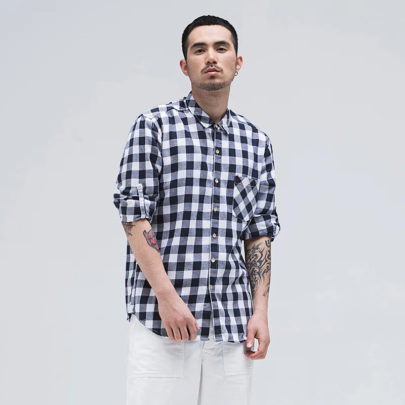 Повседневная льняная рубашка мужские рубашки в черно белую клетку с длинным
