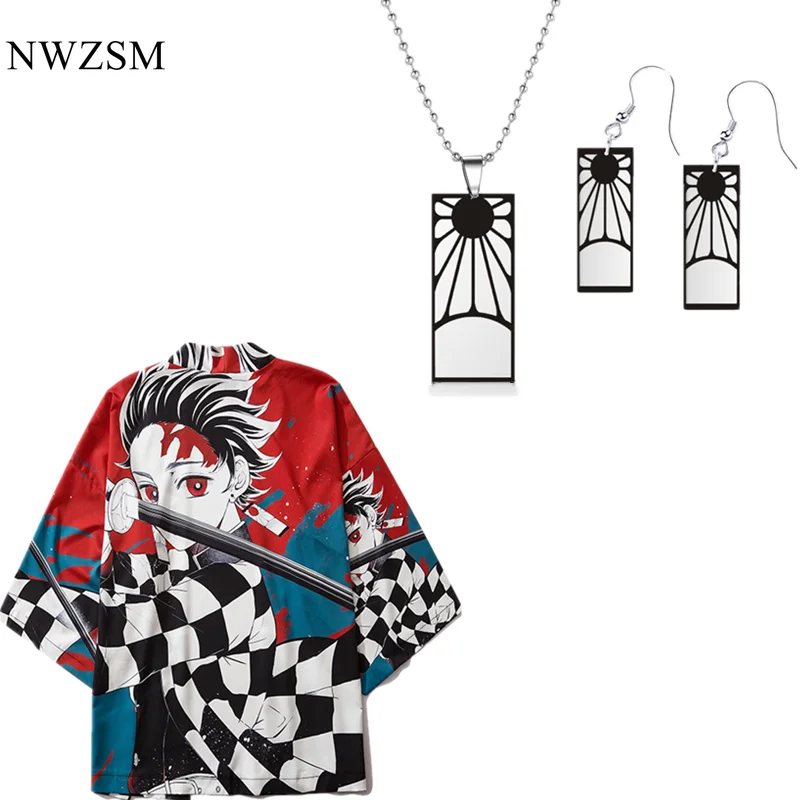 

anime Demon Slayer Cosplay Kimono Cardigan Sunscreen printing Loose Kimono Harajuku Short Sleeve cloak necklace earrings suit