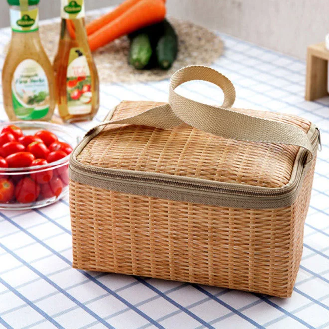 

New Portable Imitation Rattan Lunch Bags Insulated Thermal Cooler Lunch Box Tote Storage Bag Container Food Picnic Bag