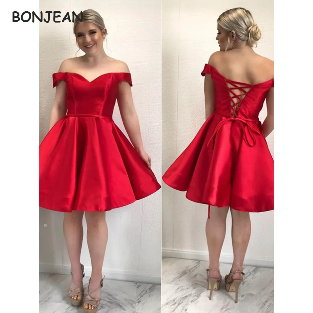 A-Line Off the Shoulder Homecoming Dresses Short Mini Lace Up Satin Ruched Homecoming Gowns Custom Made Cheap In Stock