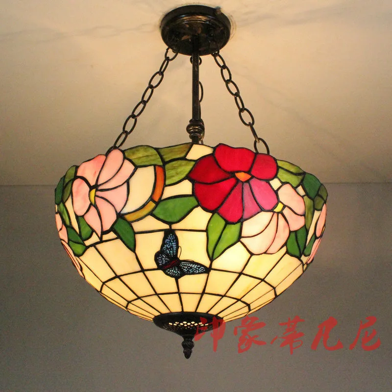 

Tiffany Stlye Hanging Glass Suspension Luminaire Flower Iron Fashion Pendant Light 16inch industrial lamp
