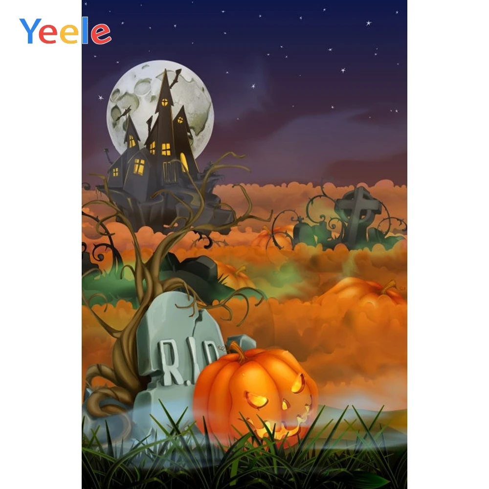 

Yeele Halloween Photo Background Cartoon Castle Moon Rip Pumpkin lantern Photocall Photography Backdrop Vinyl For Photo Studio