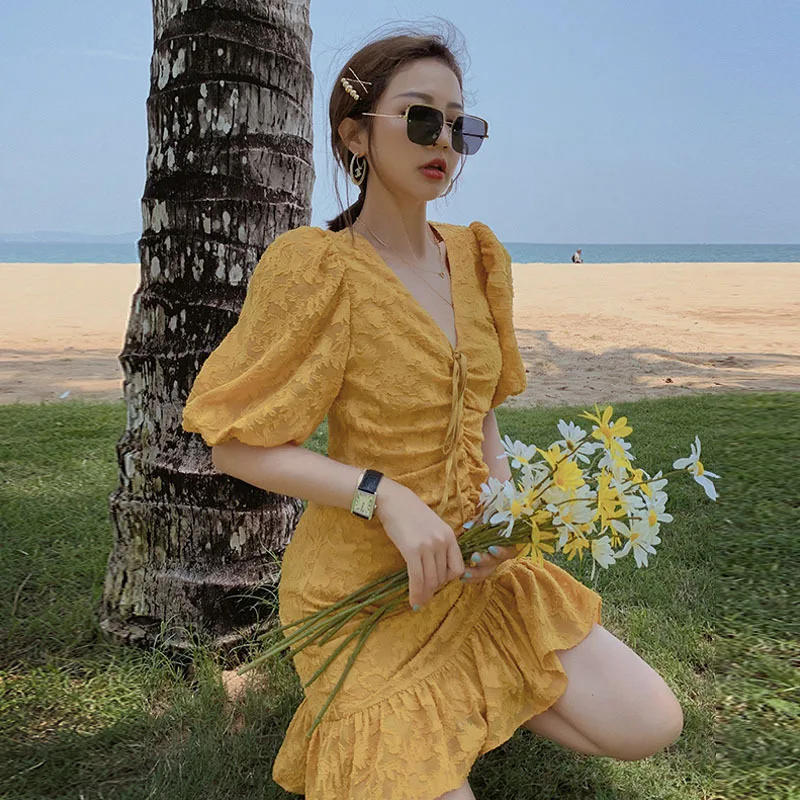 Сексуальные бандажные платья на шнуровке спереди женский желтый сарафан с