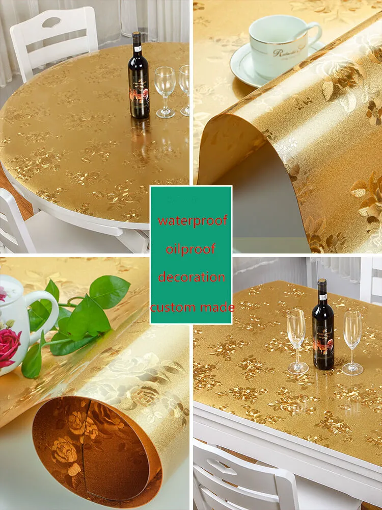 

Custom gold table tablecloth plastic PVC waterproof oilproof rectangle round oval table mat party table deco cover protector