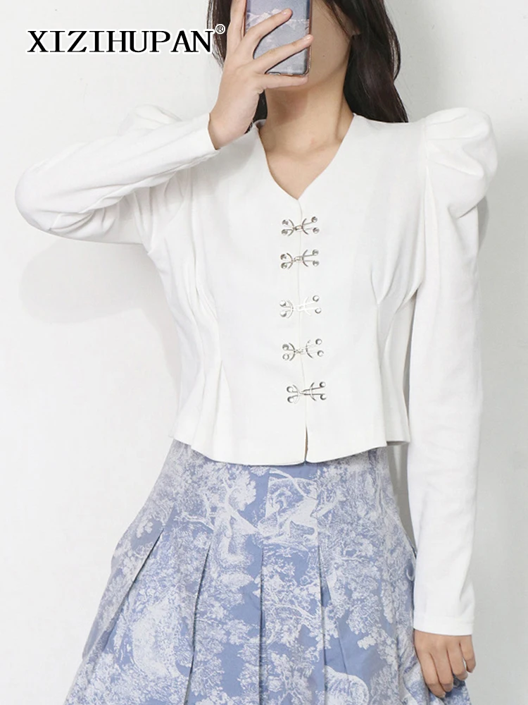 

XIZIHUPAN Casual Solid Patchwork Shirt For Women V Neck Puff Long Sleeve Fold Pleated Slim Women's Blouse 2021 Autumn Clothing