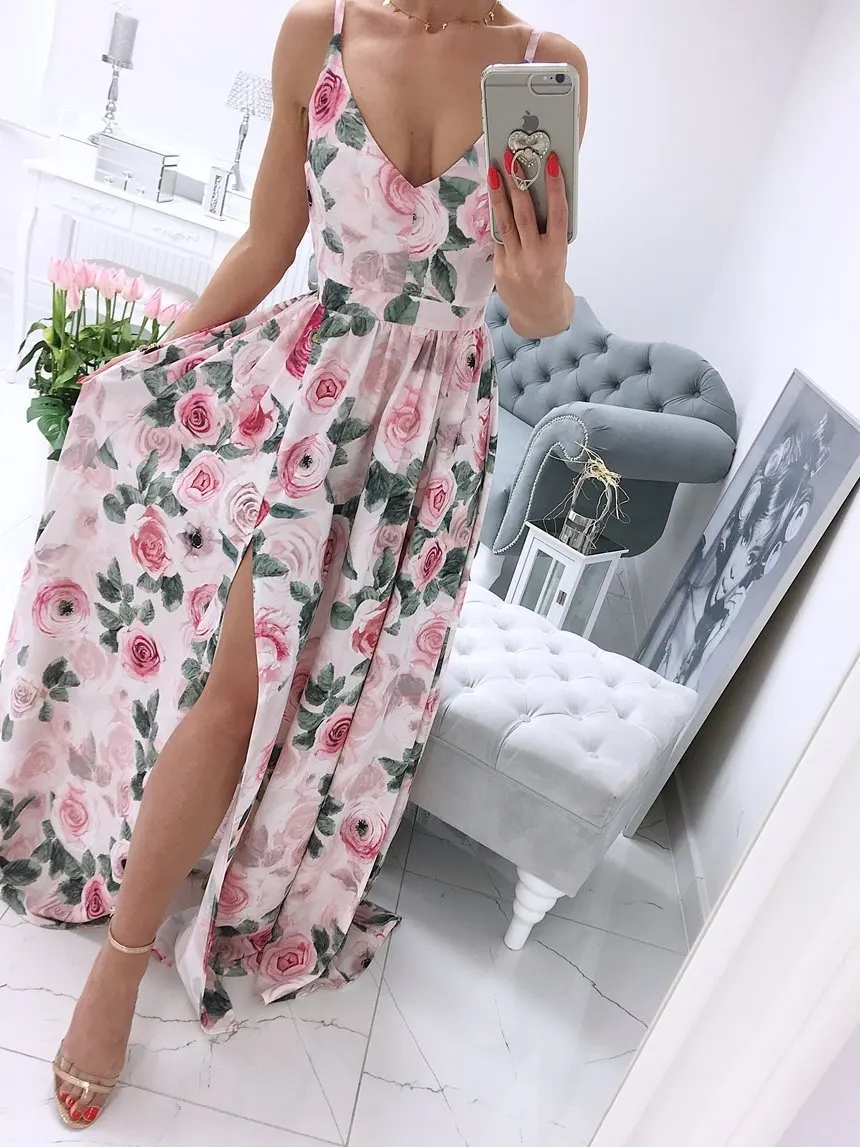 

2021 New Summer Fashion Rose Flower Print Pleated Slim Fresh Temperament Straps Fluffy Dress Casual Holiday Woman Dresses