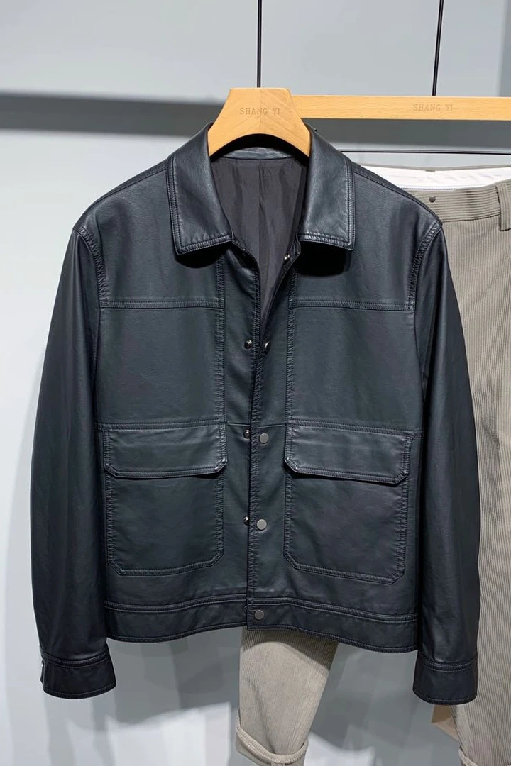 

Fall 2020 new men's pure black short leather jacket Korean fashion loose Lapel washed leather jacket