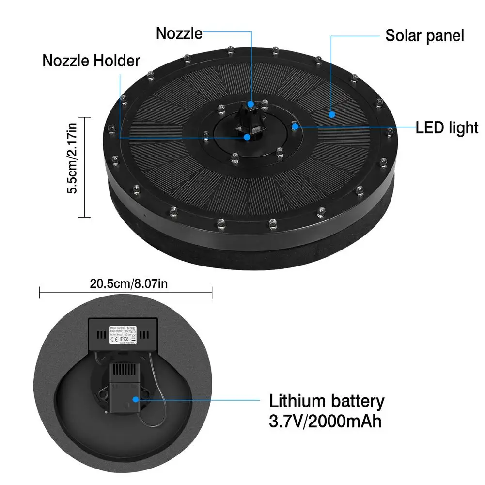 

Garden Solar Fountain Water Pump Build-in Storage Battery With 7 Water Types LED Colorful Light Pool Pond Decor