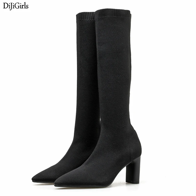 Пикантные женские высокие сапоги с острым носком удобные эластичные носки на