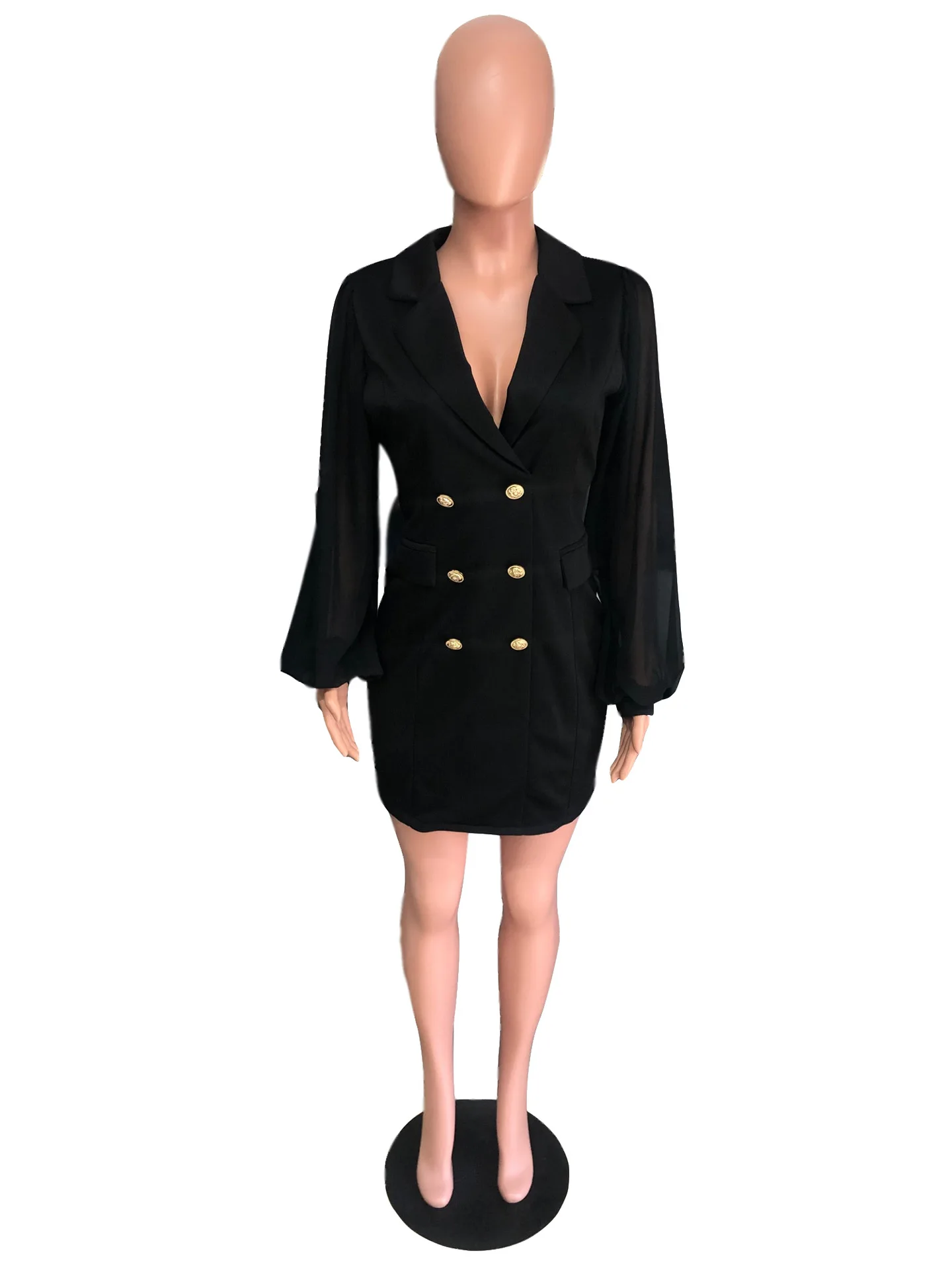 

Lantern Sleeve Dress Women Breasted Mesh Patchwork Sexy Blazer Dresses Deep V Neck Elegant Night Party Vestidos Dropshipping