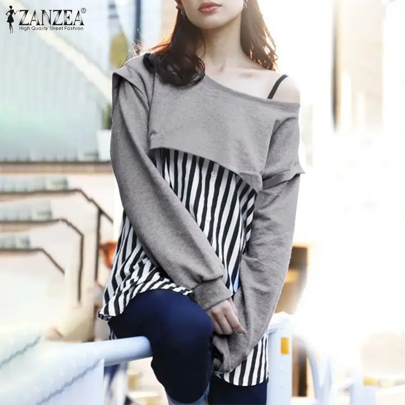 

ZANZEA 2021 Female Autumn Casual Button Chemise Women Elegant Striped Print Blouse O Neck Long Sleeve Shirt Blusa Baggy Pullover