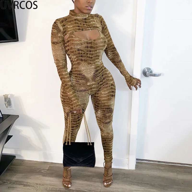 

UVRCOS Women Serpentine O-Neck Full Sleeve Crop Top Halter Long Jumpsuit Fitness High Quality 2021 New Sexy Mujer Two Piece Set