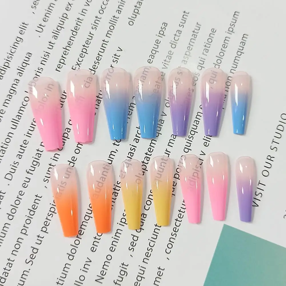 

1set Long Coffin Fake Nails European Rainbow Ballerina Artificial With Art Colorful Beauty Nails Full Nail Tips Glue False I3N9