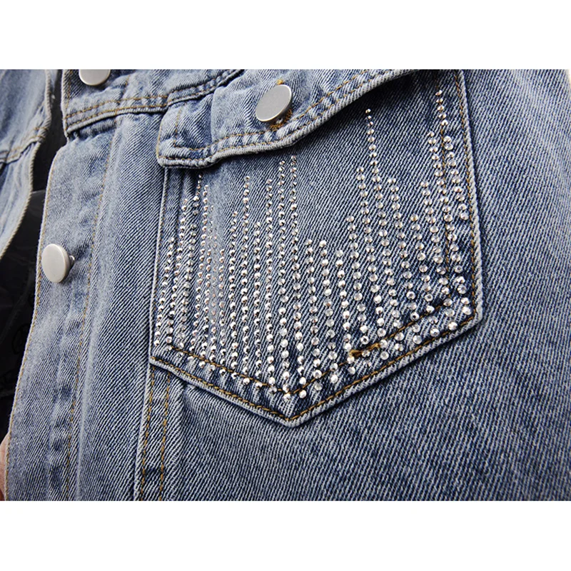 

2021 Autumn Korean Diamond Pocket Frayed Denim Vest Women Blue Waistcoat Slim Short Jeans Vest Female Big size Sleeveless Jacket