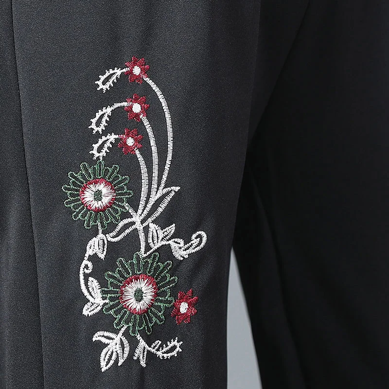 

High Waist Middleaged Women's Pants Black Floral Embroidery Trousers For Women Spring Autumn Straight Pants Female