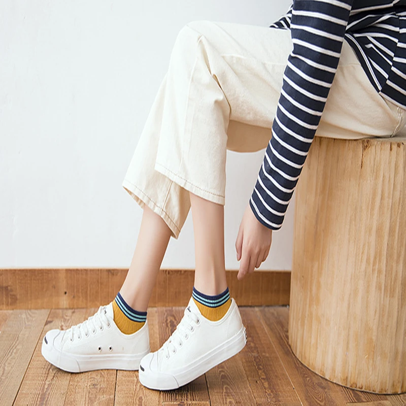 6 Pairs/ Socks Women Cotton Spring and Summer Shallow Mouth Cute Low Top Non Slip Vertical Bar Ladies | Красота и здоровье