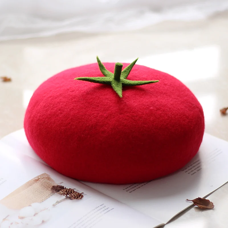 

Red Painter Hat Girl Sesame Seed Cake Hat Woolen Sweet Fruit Beret Lucky Persimmon