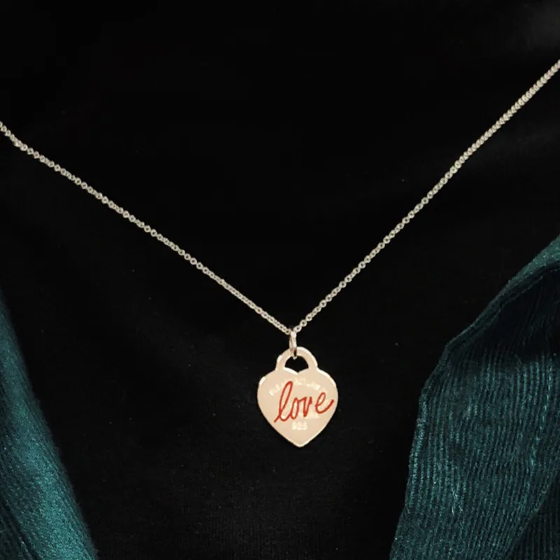 

S925 Sterling Silver Classic Enamel Necklace, Love Heart-shaped Pendant, Blue Love, Pink Love, Black Love, Red Love