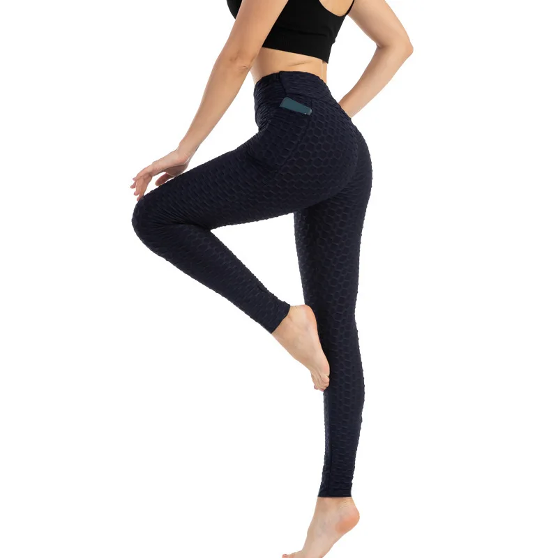 

WILK Fashion Pocket Bubble Yoga Pants Feminine High Elasticity Hips Slim Sweat Absorbing Fitness Sports Leggings Women