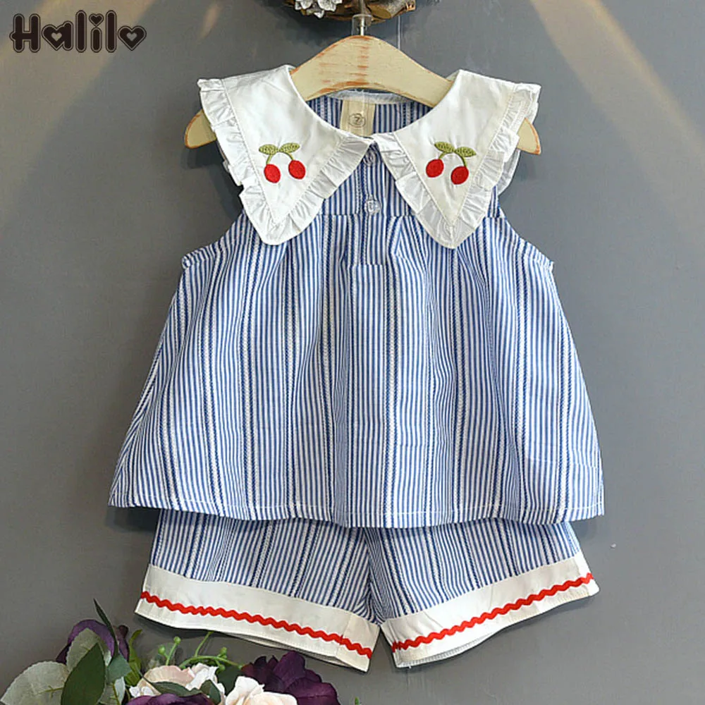

Halilo Toddler Summer Clothes Girls Outfits Embrodiery Striped Vest Short Pant 2pcs Children Clothing Set Casual Kids Suit