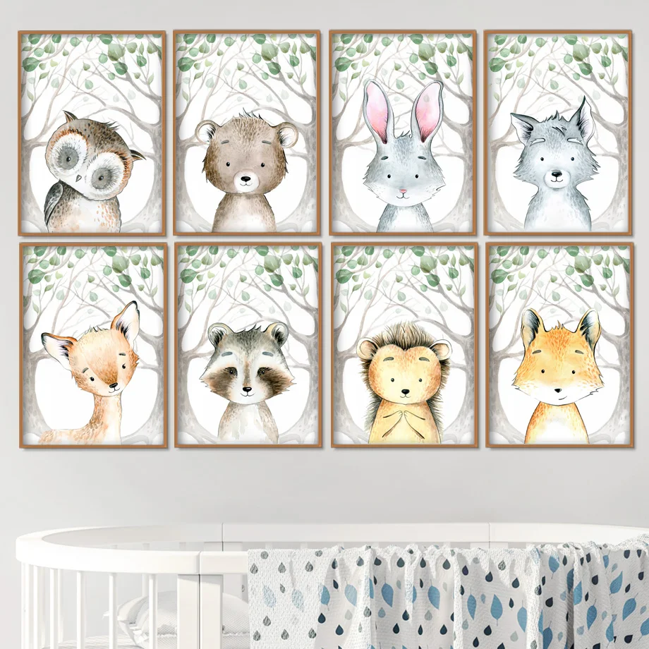 Лиса кролик олень мультфильм леса животные настенная Картина на холсте