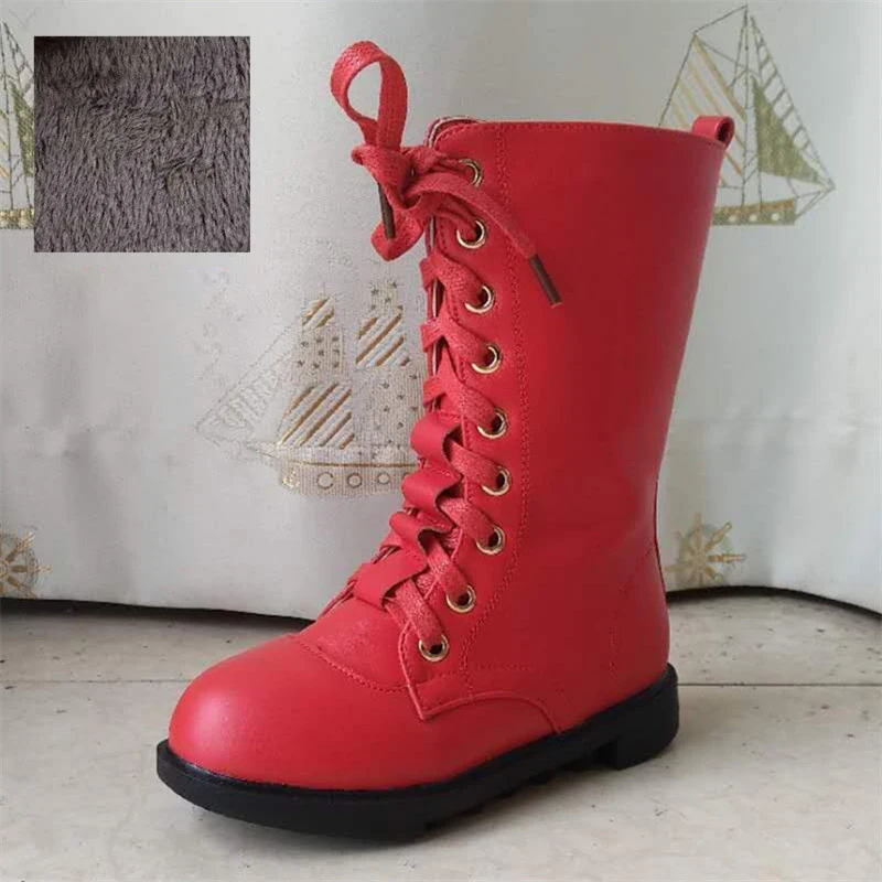 Red cotton boots Детские зимние плюшевые высокие сапоги; кожаные зимние сапоги для девочек; цвет черный, белый, красный; Дизайнерские Сапоги принцессы для девочек-подростков; Размеры 26-39 - Цвет: Red cotton boots
