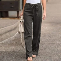 women summer long trousers vintage cotton linen solid color pants casual elastic waist party female palazzo plus size 2020 g2